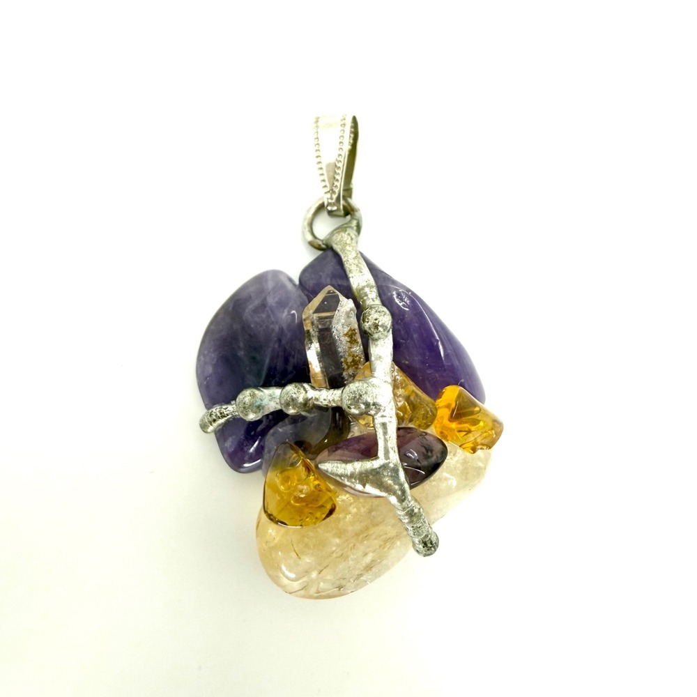 Amethyst Citrine Quartz Crystal Pendant Silver Tone Brutalist Boho Artisan